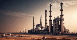 Modern steel plant in Saudi Arabia with industrial chimneys at sunset