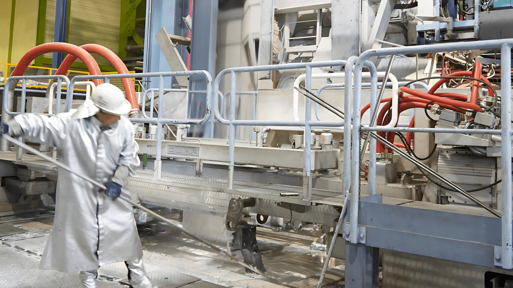 A plant operator in full safety gear managing production at a hot-dip galvanizing line in an industrial steel facility.